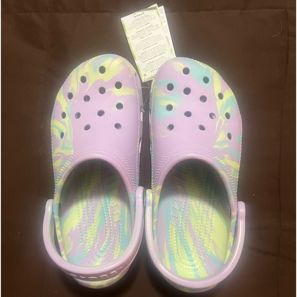 Purple, blue and Green Crocs size 6